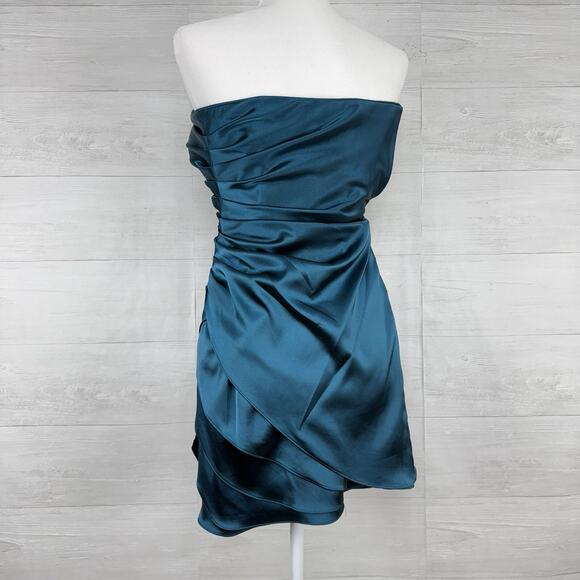 Xscape Strapless Mini Dress Size 4 Teal Satin Drape Wrap Cocktail Homecoming - Picture 12 of 16